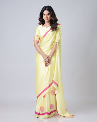 New Hands Free Satin Georgette Saree In Light Yellow