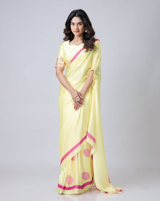 New Hands Free Satin Georgette Saree In Light Yellow