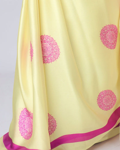 New Hands Free Satin Georgette Saree In Light Yellow