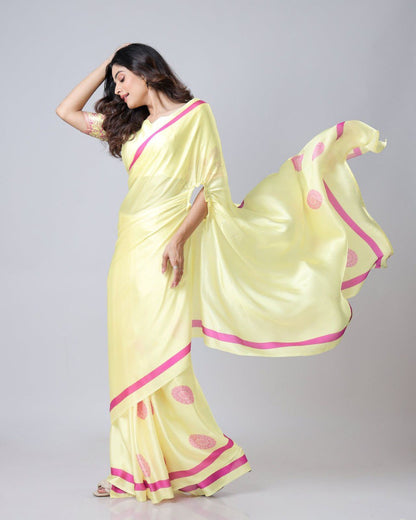 New Hands Free Satin Georgette Saree In Light Yellow