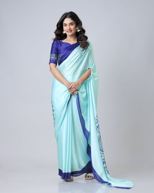 New Hands Free Satin Georgette Saree In Mint Blue