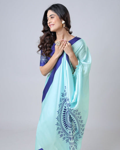 New Hands Free Satin Georgette Saree In Mint Blue