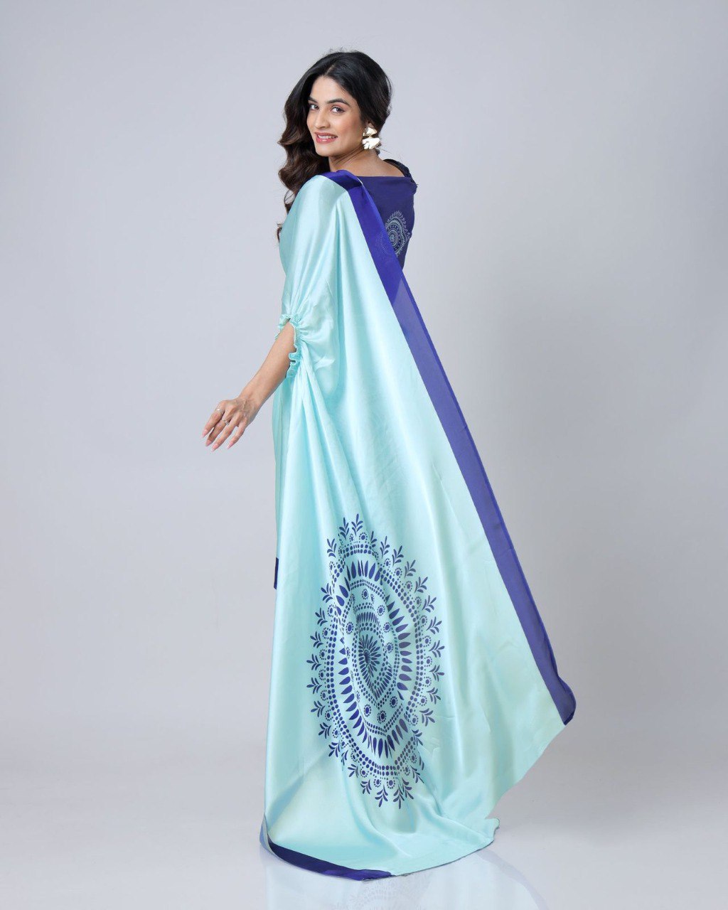 New Hands Free Satin Georgette Saree In Mint Blue