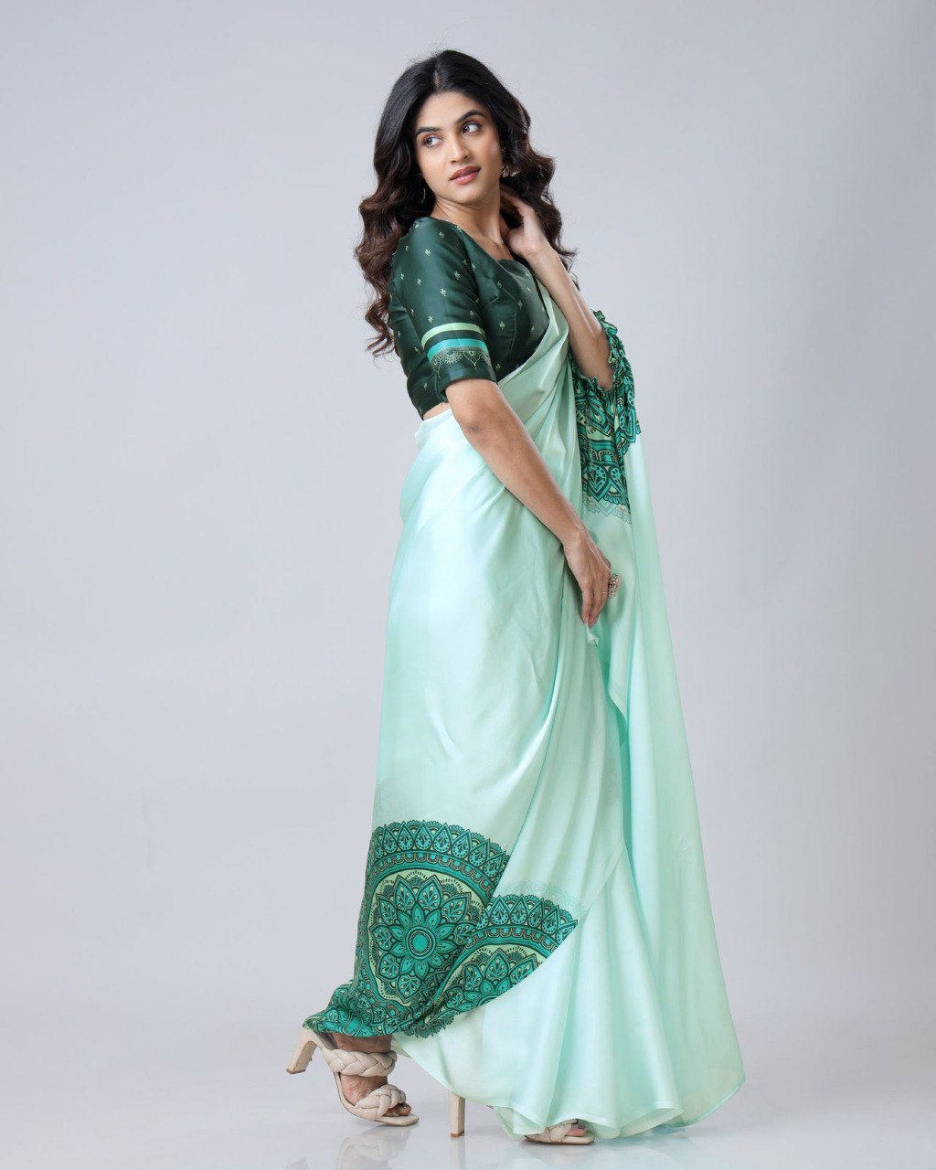 New Hands Free Satin Georgette Saree In Mint Green