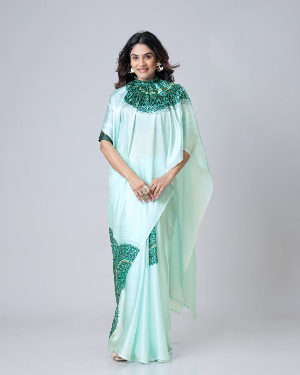 New Hands Free Satin Georgette Saree In Mint Green