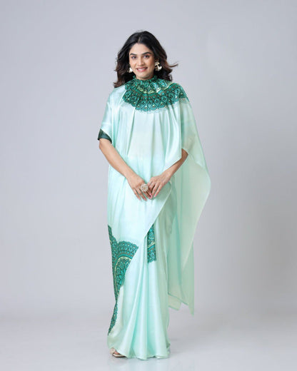 New Hands Free Satin Georgette Saree In Mint Green