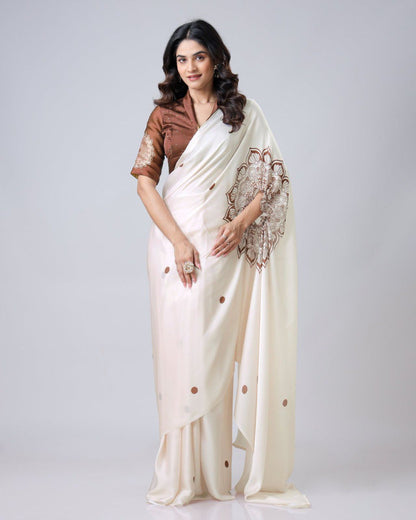 New Hands Free Satin Georgette Saree In Off White