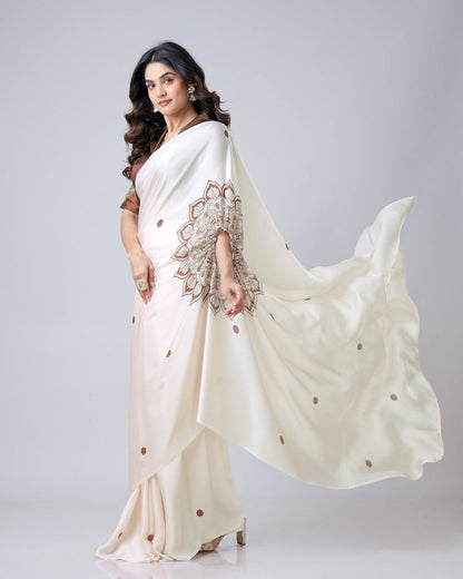 New Hands Free Satin Georgette Saree In Off White