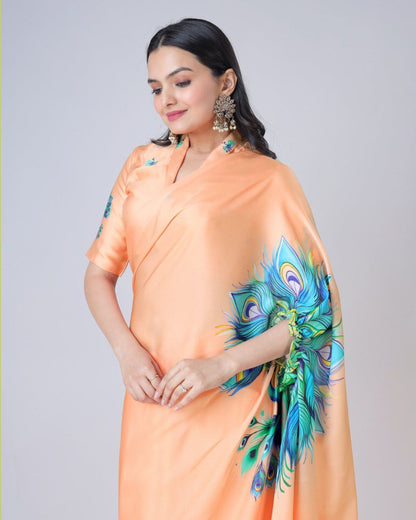 New Hands Free Satin Georgette Saree In Peach