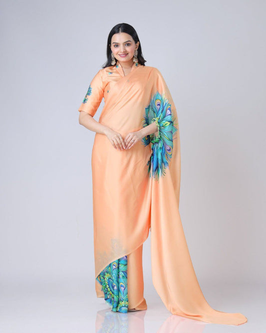New Hands Free Satin Georgette Saree In Peach