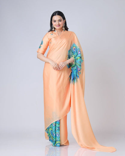 New Hands Free Satin Georgette Saree In Peach