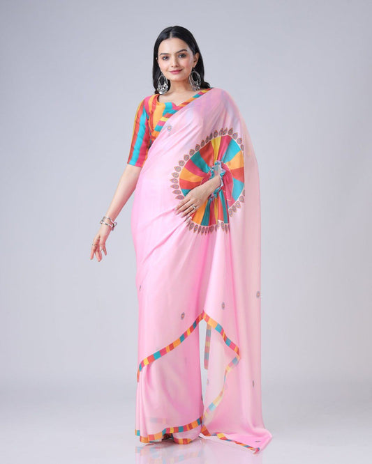 New Hands Free Satin Georgette Saree In Pink