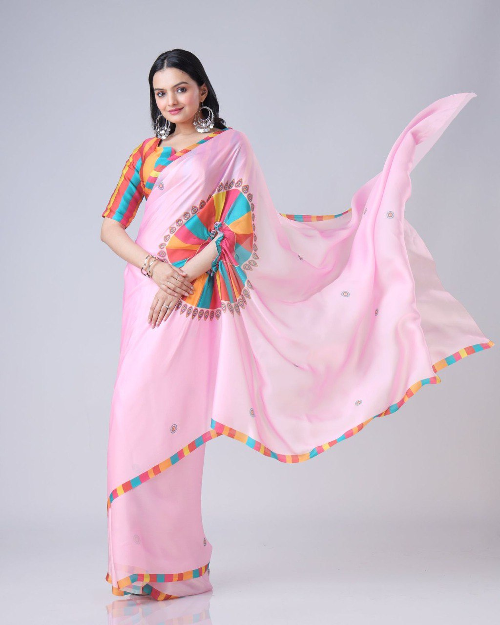 New Hands Free Satin Georgette Saree In Pink