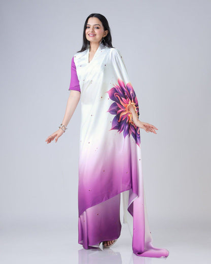 New Hands Free Satin Georgette Saree In Purple & White