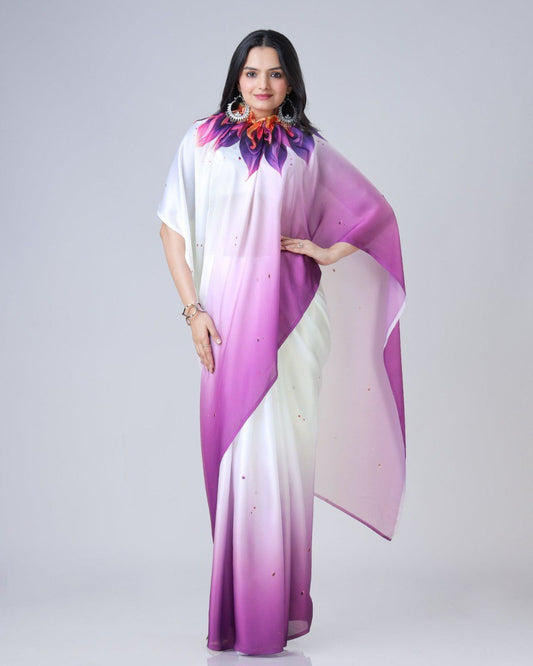 New Hands Free Satin Georgette Saree In Purple & White
