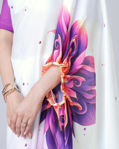 New Hands Free Satin Georgette Saree In Purple & White