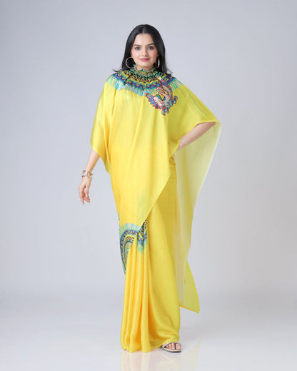 New Hands Free Satin Georgette Saree In Yellow