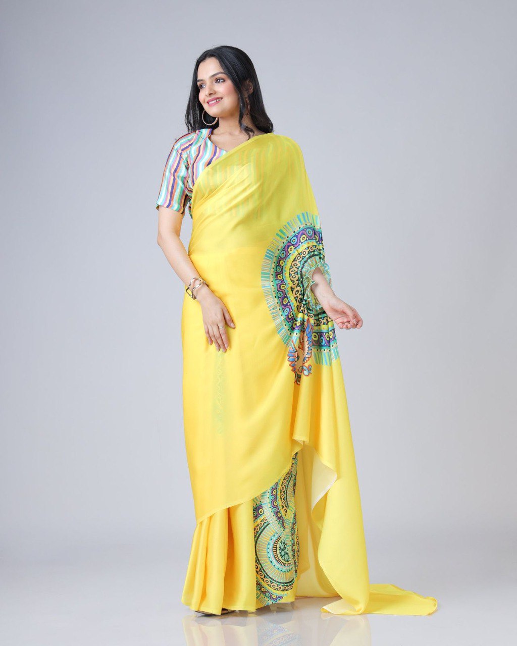 New Hands Free Satin Georgette Saree In Yellow