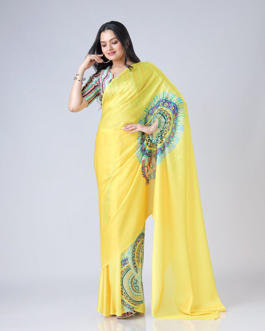 New Hands Free Satin Georgette Saree In Yellow