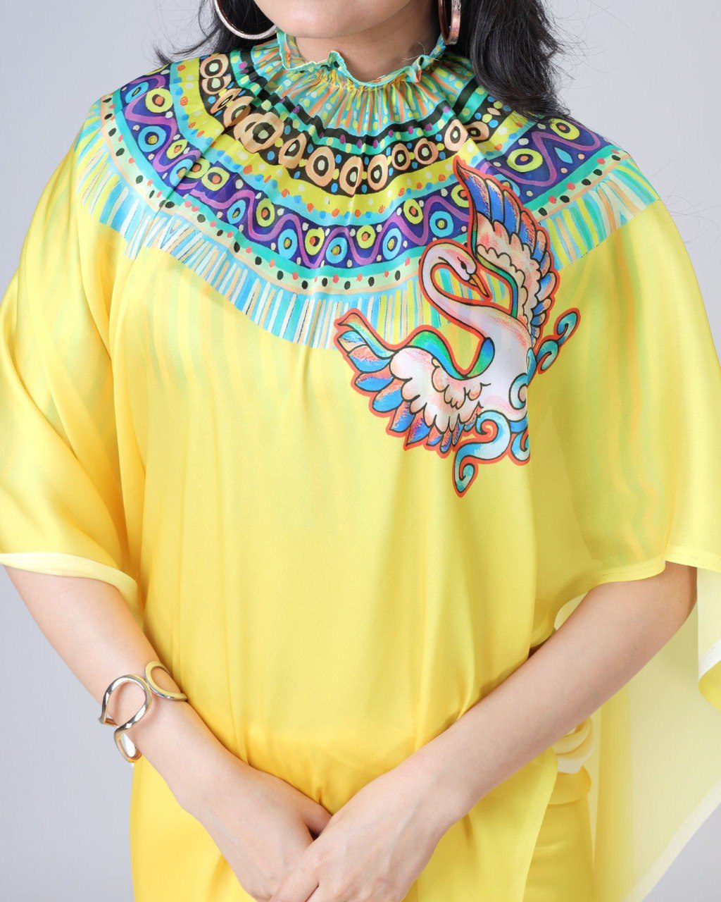 New Hands Free Satin Georgette Saree In Yellow