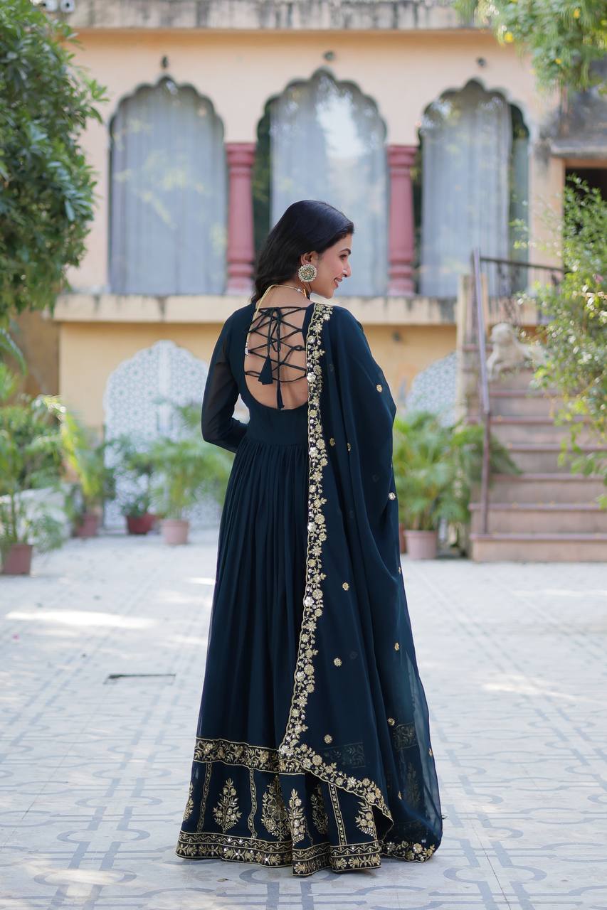 Nile Blue Designer Georgette Gown With Dupatta