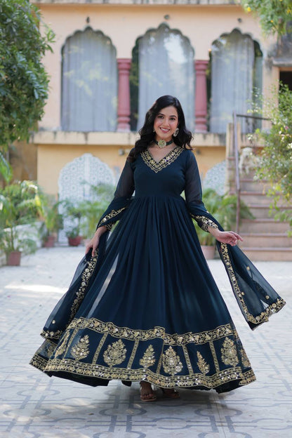 Nile Blue Designer Georgette Gown With Dupatta