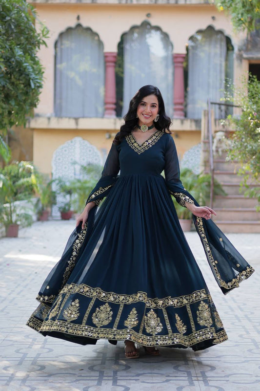 Nile Blue Designer Georgette Gown With Dupatta