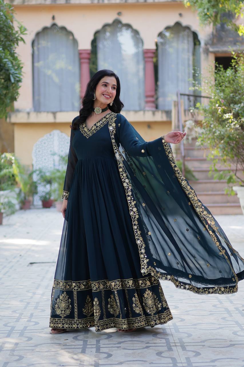 Nile Blue Designer Georgette Gown With Dupatta