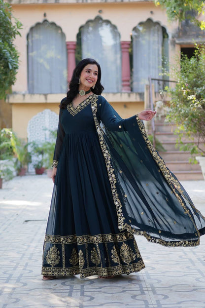 Nile Blue Designer Georgette Gown With Dupatta