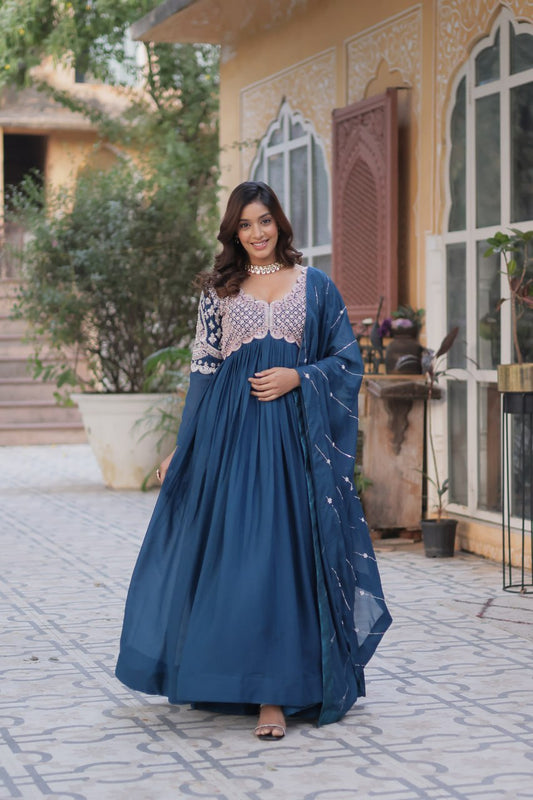 Nile Blue Georgette Gown Dress With Dupatta