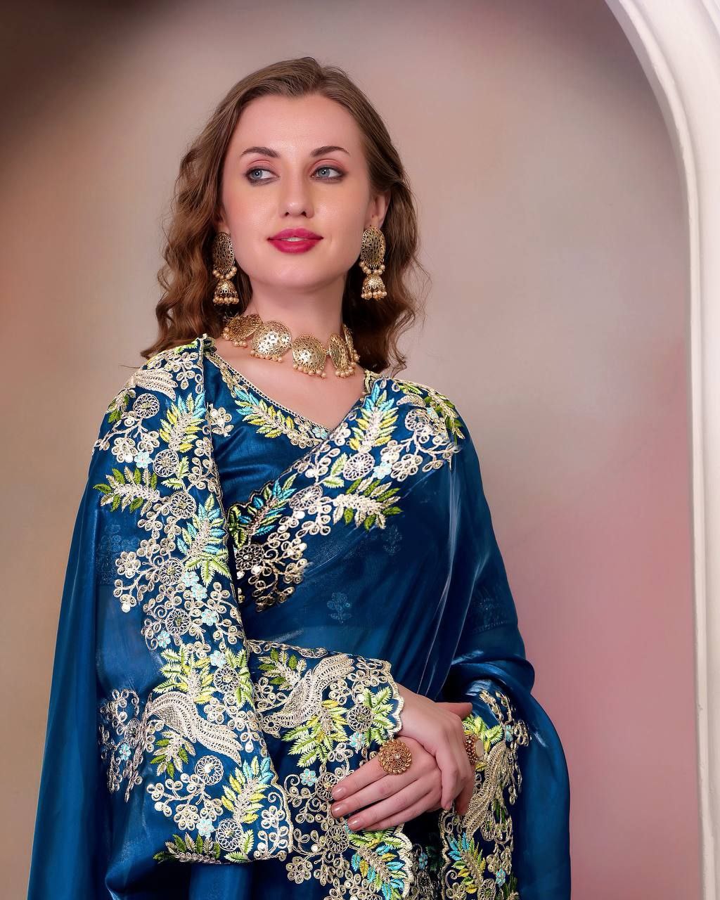 Nile Blue Jimmy Choo Silk Saree For Wedding