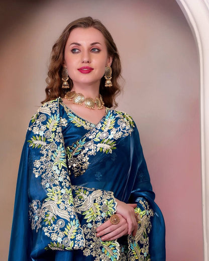 Nile Blue Jimmy Choo Silk Saree For Wedding