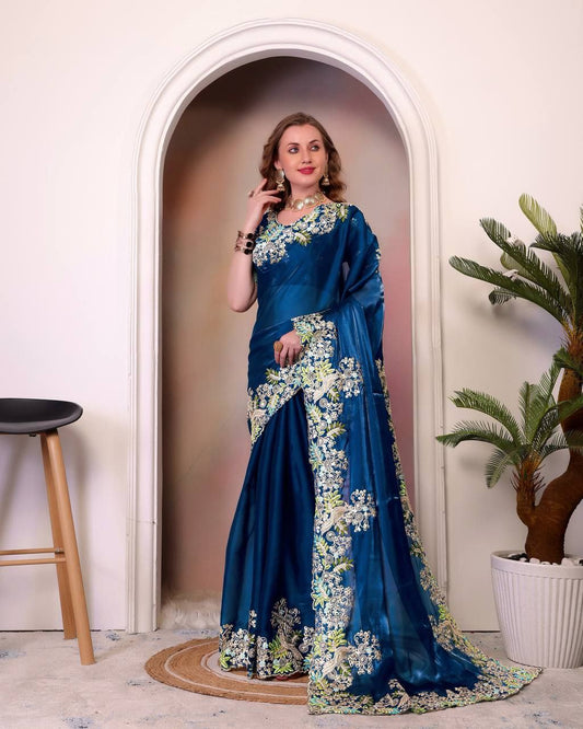 Nile Blue Jimmy Choo Silk Saree For Wedding