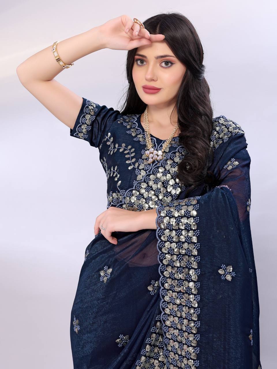 Nile Blue Modern Gold Tussar Silk Saree