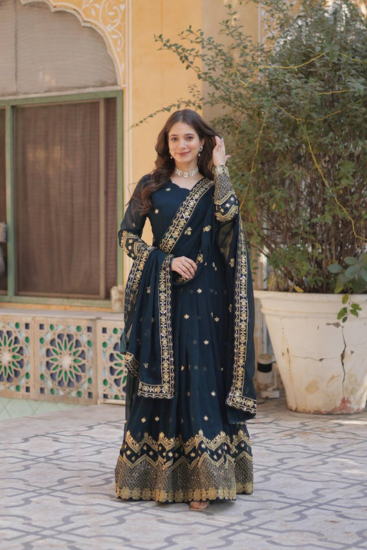 Nile Blue Traditional Indian Gown Dress With Dupatta