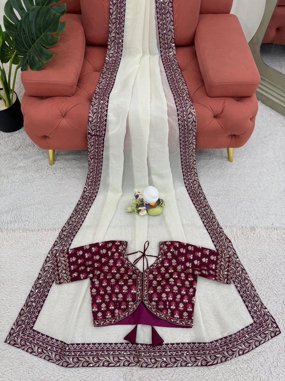 Off-White Designer Crunchy Silk Saree