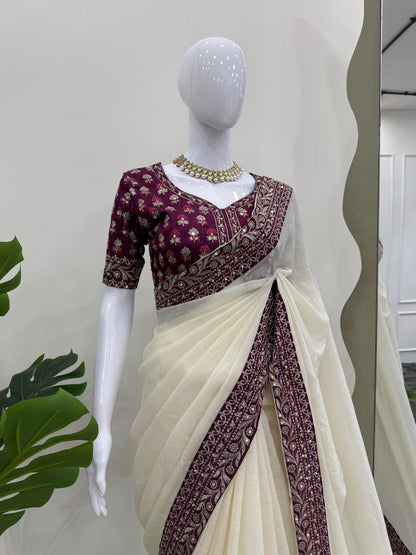 Off-White Designer Crunchy Silk Saree