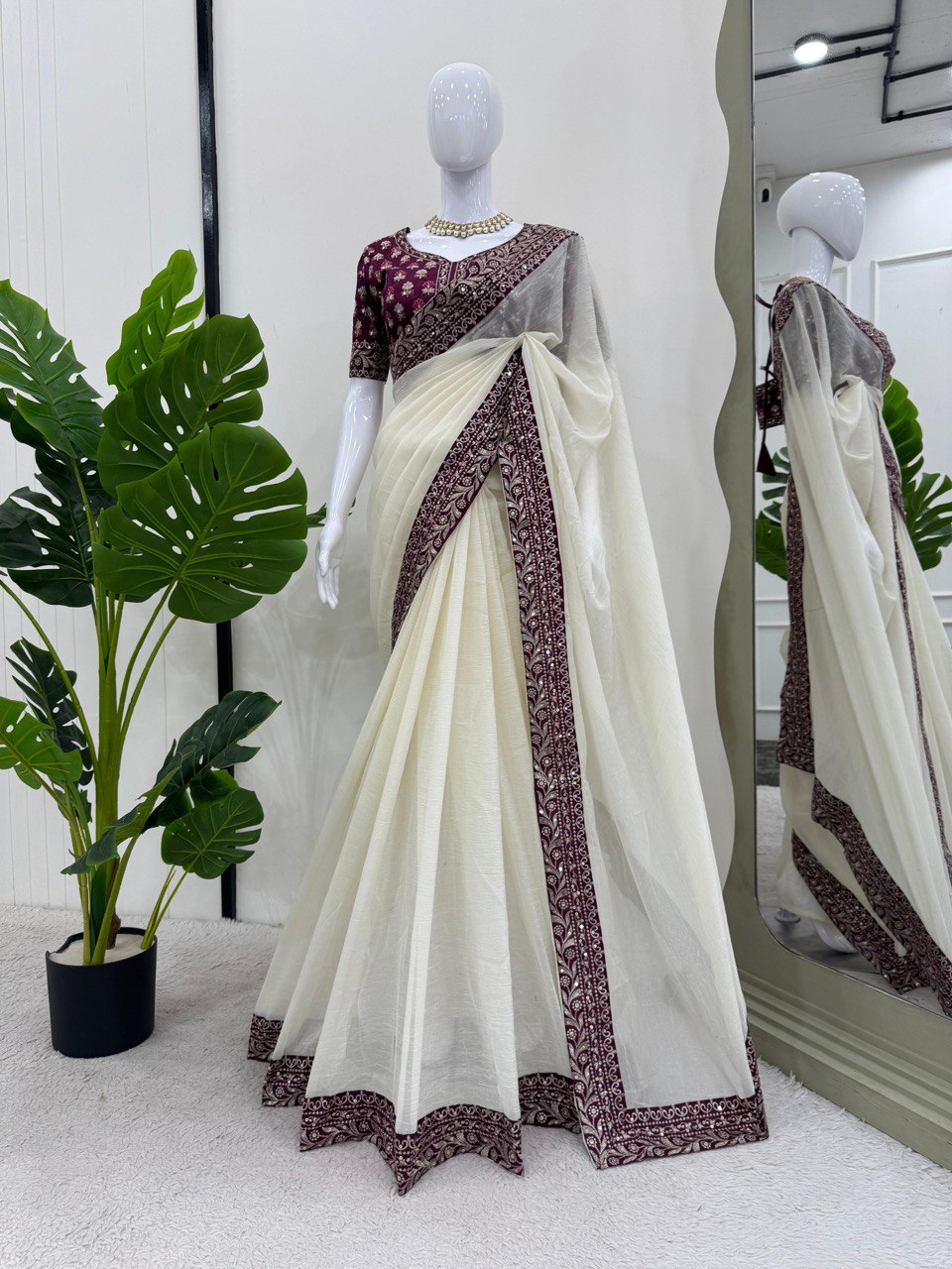 Off-White Designer Crunchy Silk Saree