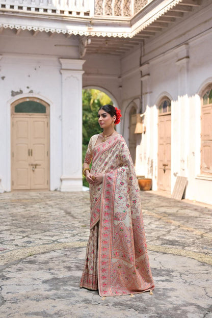 Off-White Wedding Wear Pashmina Silk Saree