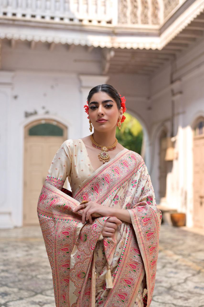 Off-White Wedding Wear Pashmina Silk Saree