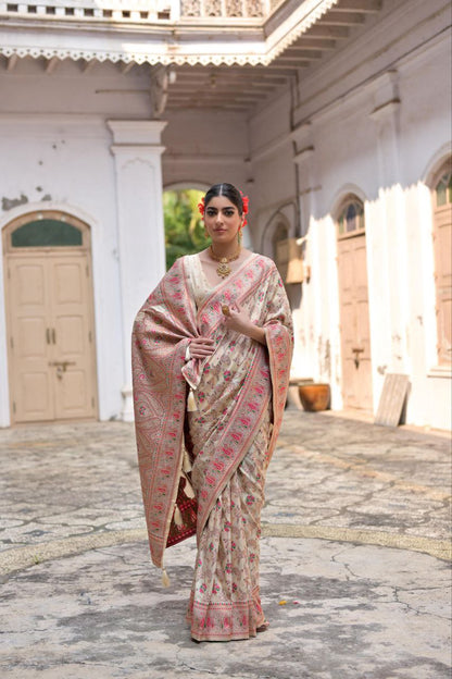 Off-White Wedding Wear Pashmina Silk Saree