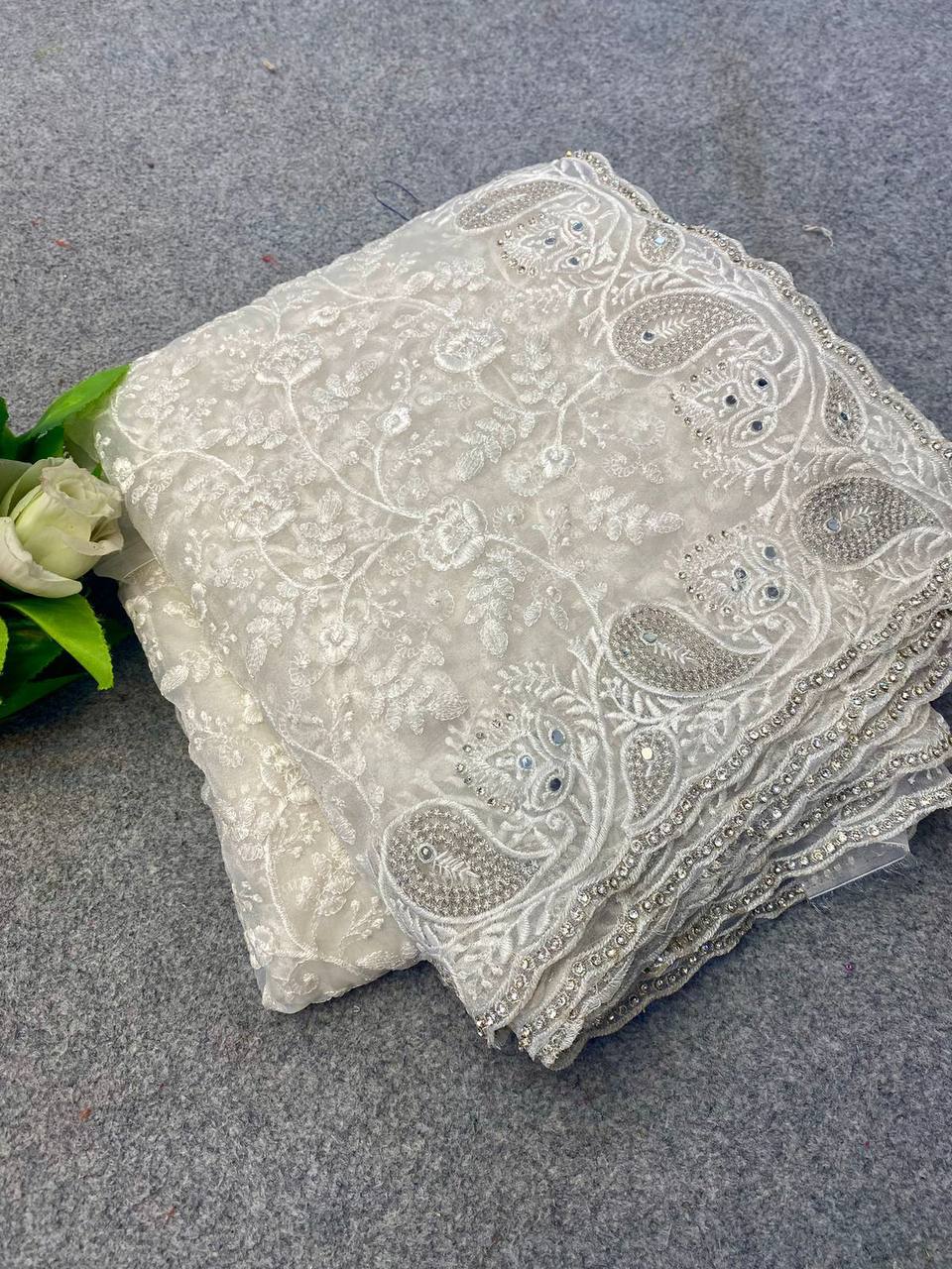 Off-white Designer Organza Saree