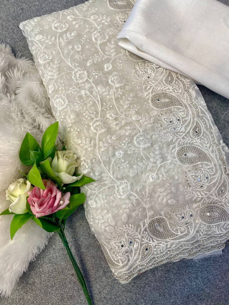 Off-white Designer Organza Saree