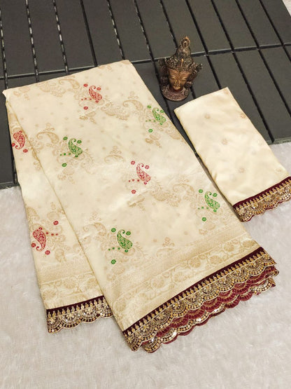 Off White Designer Dola Silk Saree