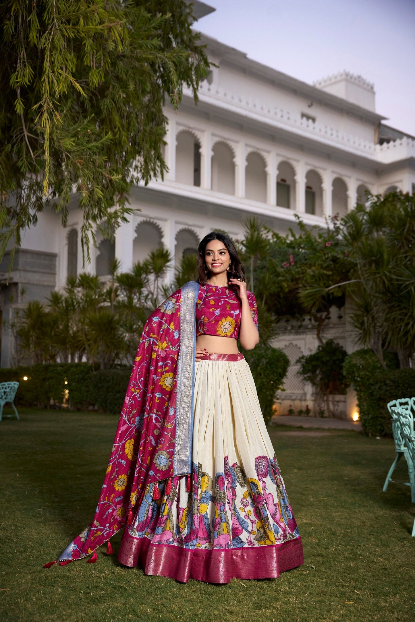 Off White Kalamkari Printed Dola Silk Lehenga
