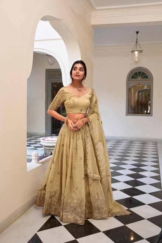Off White Party Wear Gold Crush Lehenga