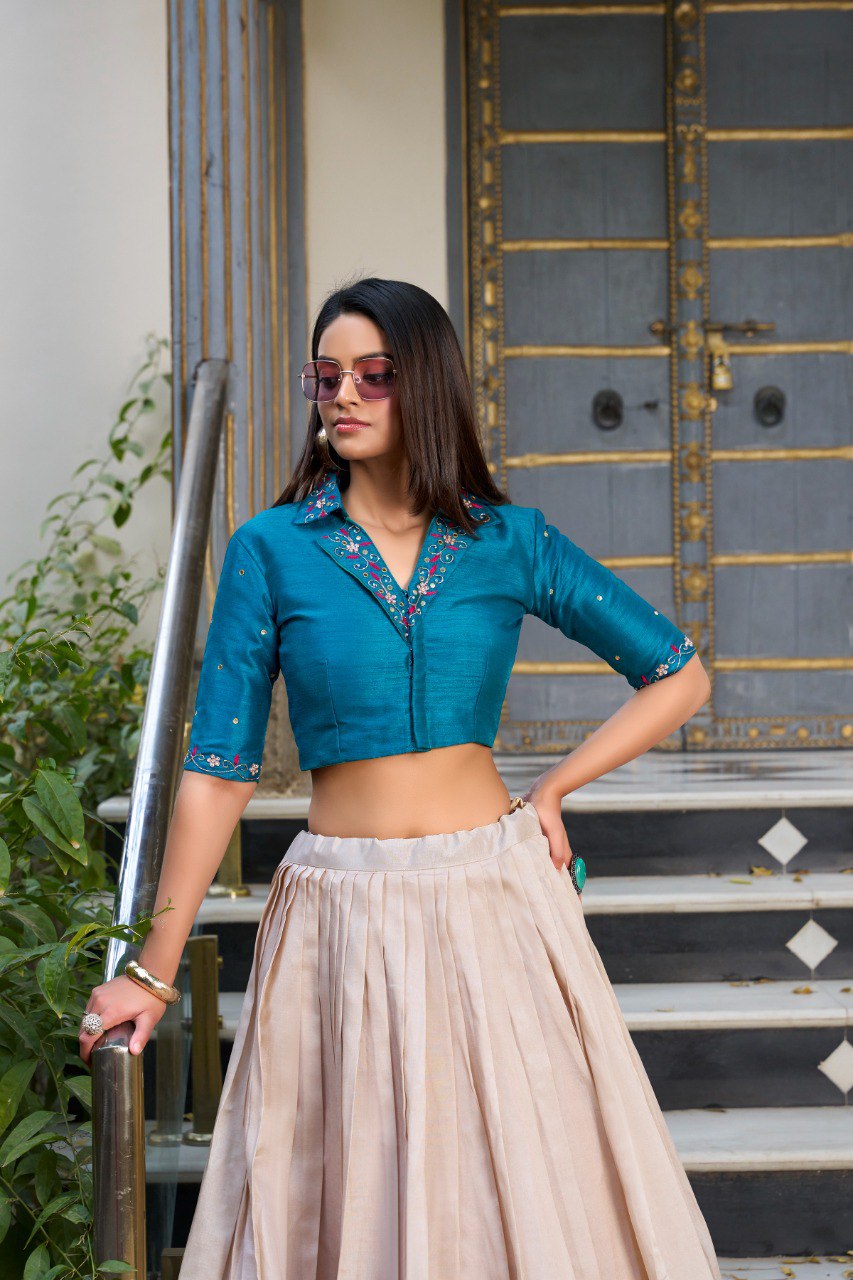 Off White & Teal Floral Printed Tussar Silk Co-ord Set Lehenga