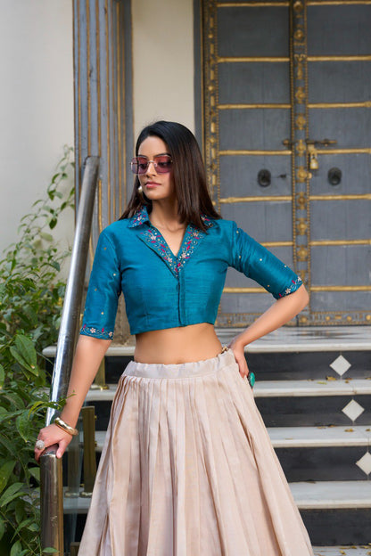 Off White & Teal Floral Printed Tussar Silk Co-ord Set Lehenga