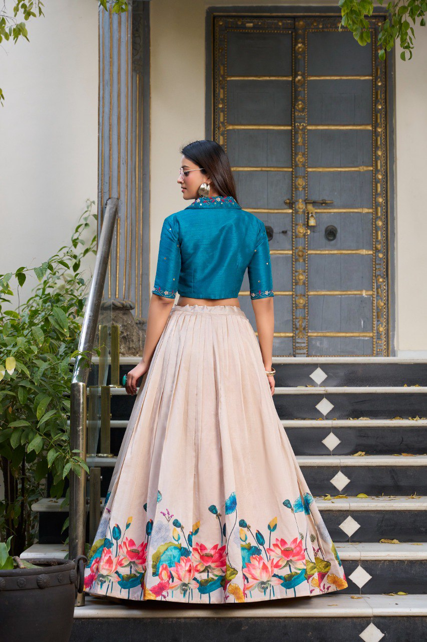 Off White & Teal Floral Printed Tussar Silk Co-ord Set Lehenga