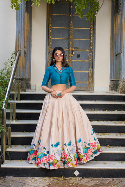 Off White & Teal Floral Printed Tussar Silk Co-ord Set Lehenga